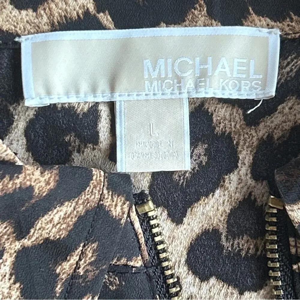 Michael Kors Leopard Animal Print Top Womens L Zip Up Blouse Lightweight Luxury